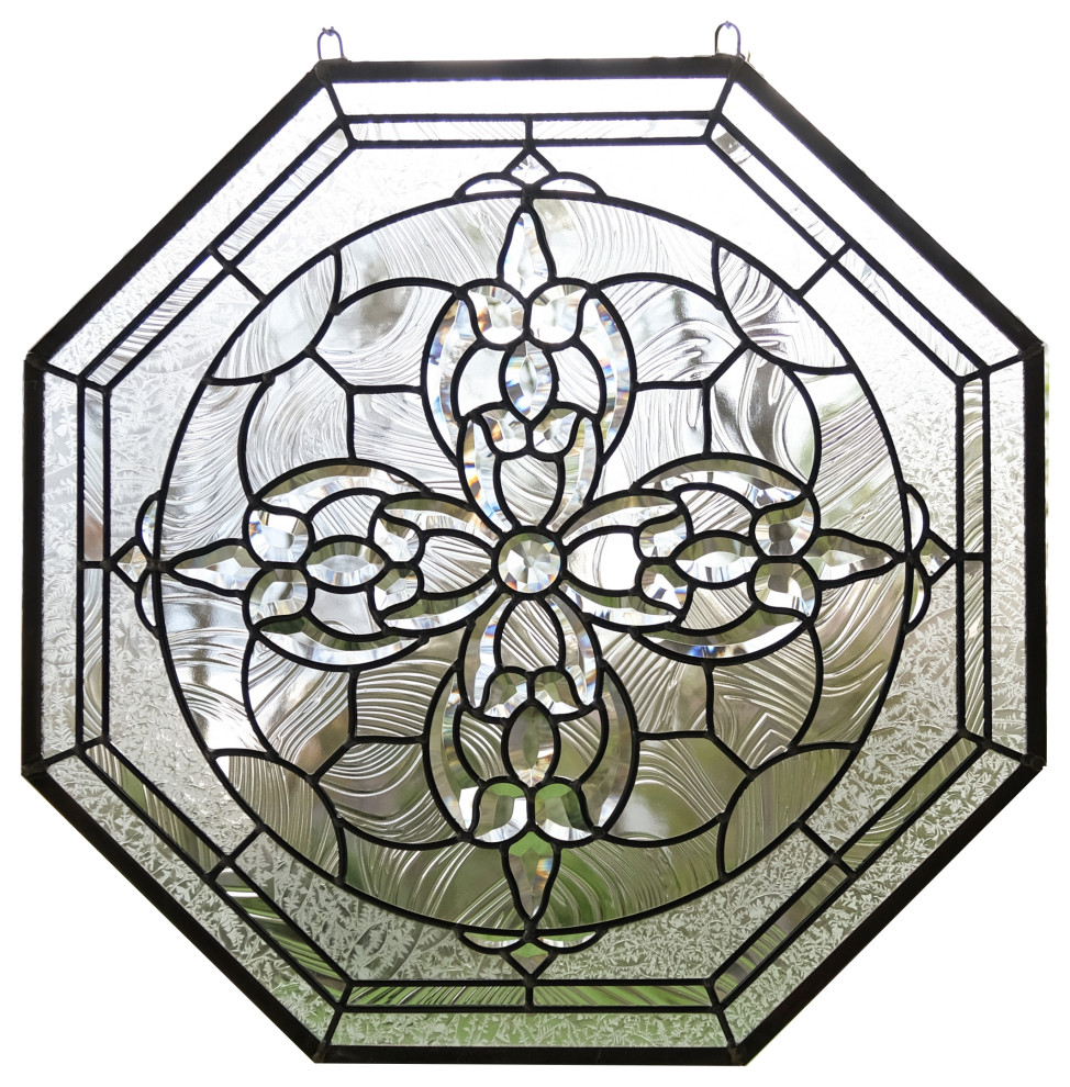 24" x 24" All Clear Stained Glass Octagon Beveled Window Panel