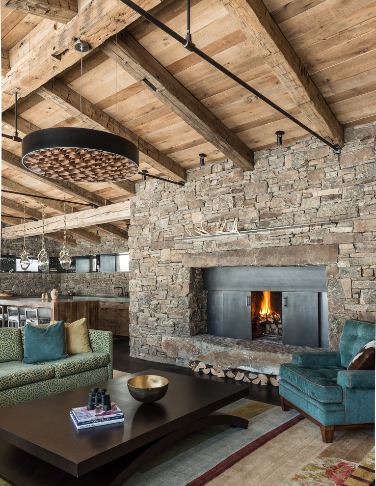 Inspiration for a country formal open concept living room in Other with a standard fireplace, a stone fireplace surround and no tv.