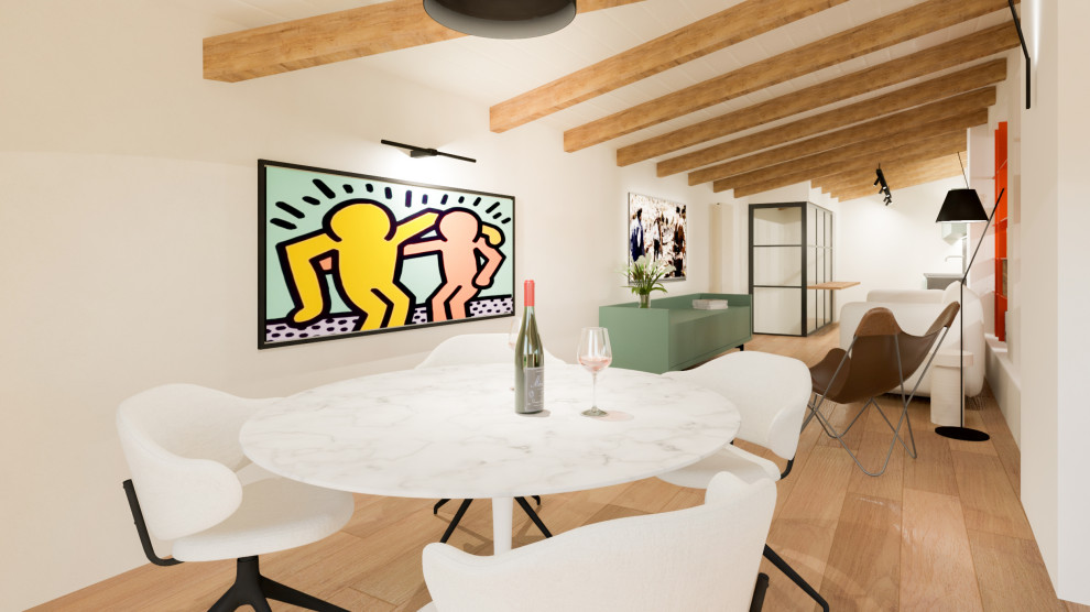 フィレンツェにある高級な広い地中海スタイルのおしゃれなリビングロフト (ライブラリー、白い壁、塗装フローリング、壁掛け型テレビ、茶色い床、表し梁、壁紙) の写真