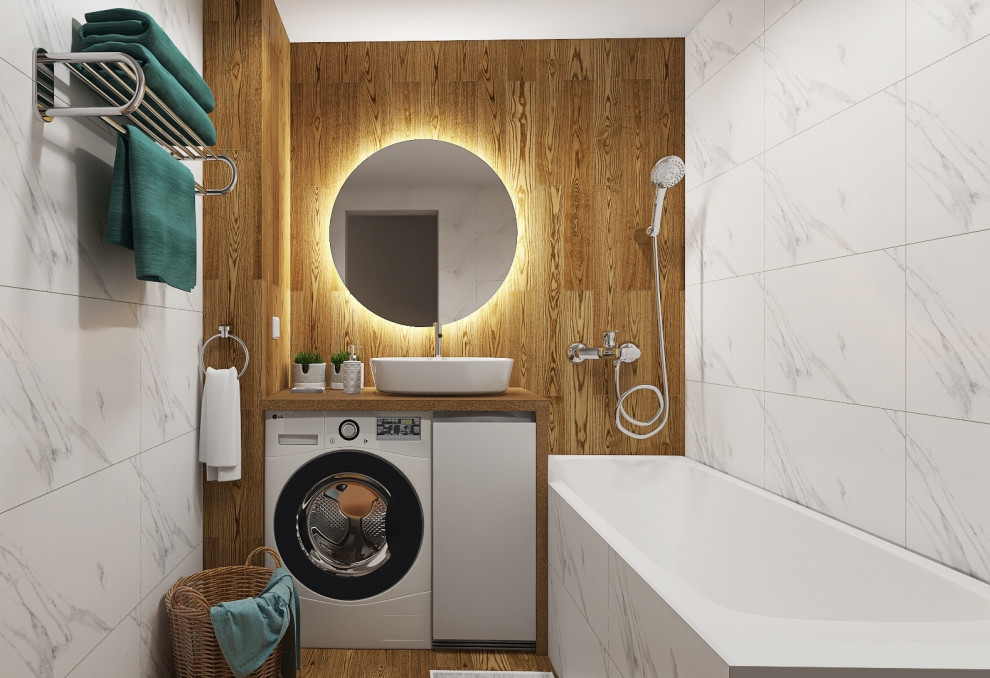 Inspiration for a small contemporary ensuite bathroom with flat-panel cabinets, white cabinets, a claw-foot bath, a wall mounted toilet, white tiles, ceramic tiles, white walls, porcelain flooring, a built-in sink, wooden worktops, brown floors, a shower curtain, brown worktops, a laundry area, a single sink and a freestanding vanity unit.