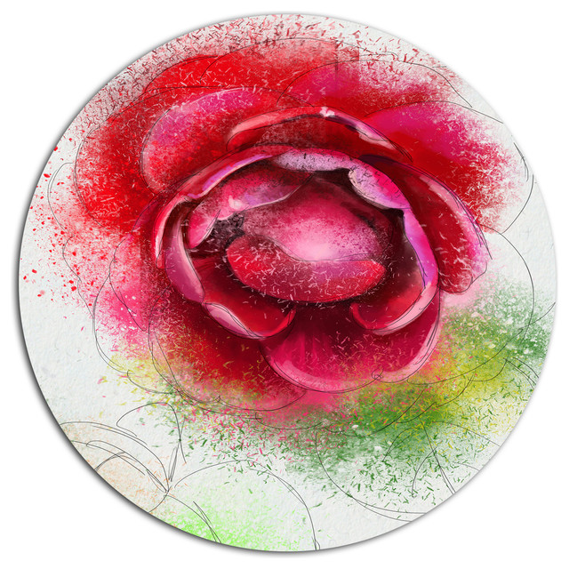 Blooming Red Rose on White, Flowers Round Metal Wall Art Traditional