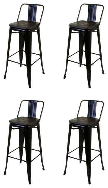 Industrial Stylish Bar Stools, Metal Frame, Black, Set of 4