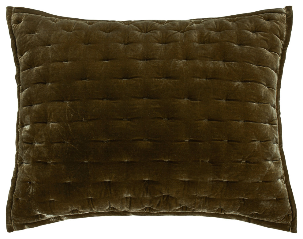 Stella Faux Silk Velvet Pillow Sham, 1PC, Green Ochre, King