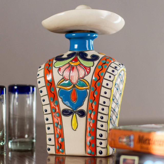 NOVICA Serape In Orange And Ceramic Tequila Decanter Contemporary