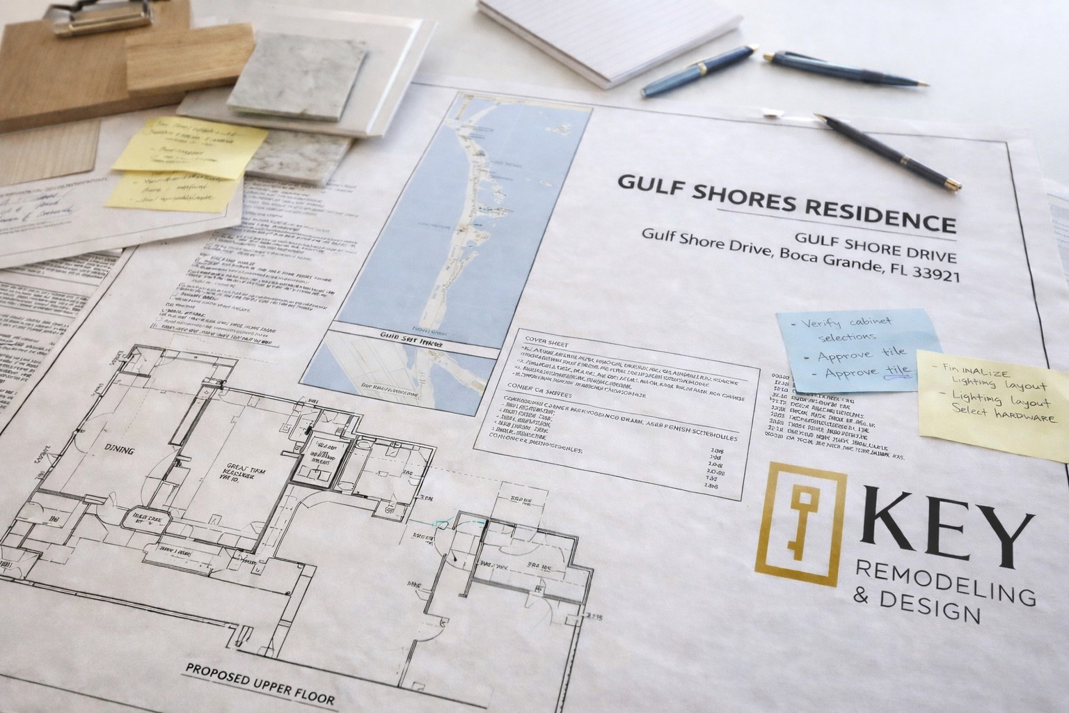 Planning documents and floor plans for a coastal home remodel, illustrating how early design decisions and clear scope definition help prevent budget overruns in home and condo remodeling..