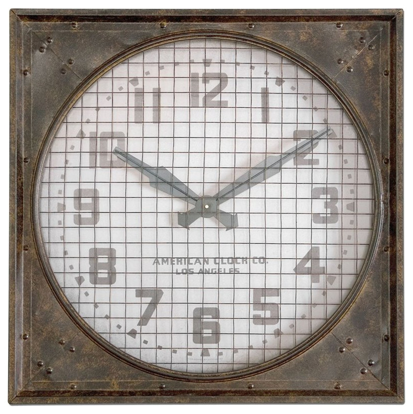 Bowery Hill Modern Wall Clock with Grill in Mottled Rust Brown