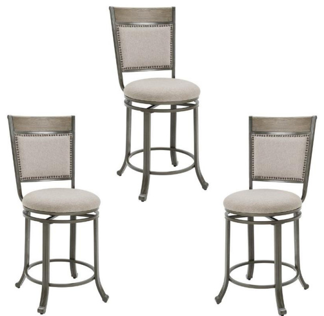 Home Square 3 Piece Upholstered Counter Stool Set with Metal Base in Pewter Transitional Bar