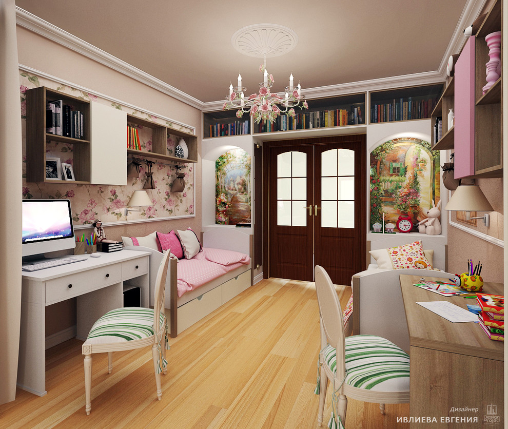 This is an example of a large country kids' study room for kids 4-10 years old and girls in Moscow with pink walls, light hardwood floors and yellow floor.
