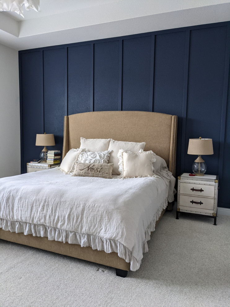 Design ideas for a mid-sized country master bedroom in Austin with blue walls, carpet, no fireplace, beige floor and recessed.