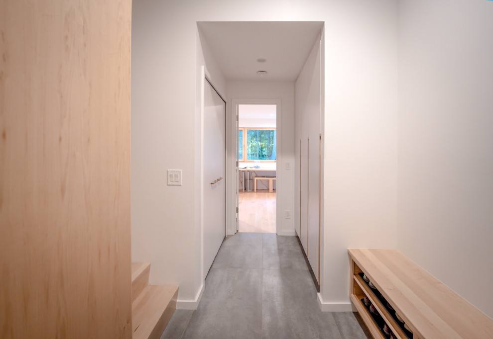 Foto di un piccolo ingresso o corridoio minimal con pareti bianche, pavimento con piastrelle in ceramica, pavimento grigio e soffitto a volta
