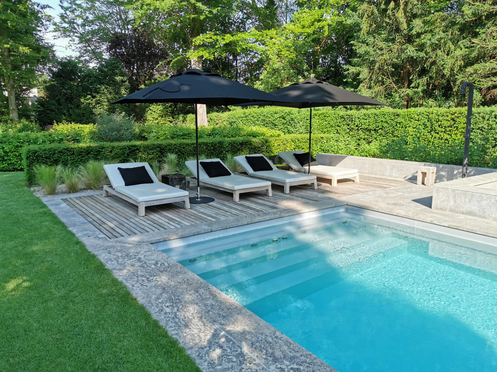 This is an example of a large contemporary side yard rectangular pool in Frankfurt with natural stone pavers.
