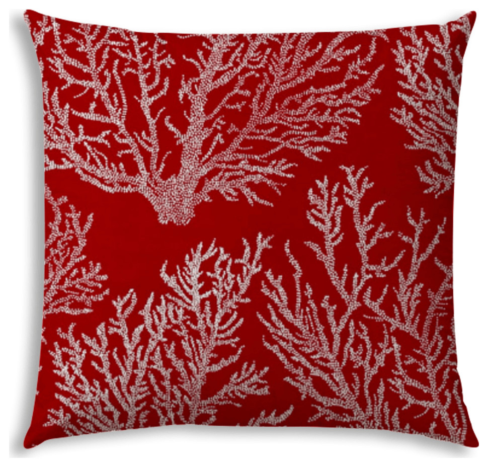 17" X 17" Red And White Corals Blown Seam Coastal Lumbar Indoor Outdoor