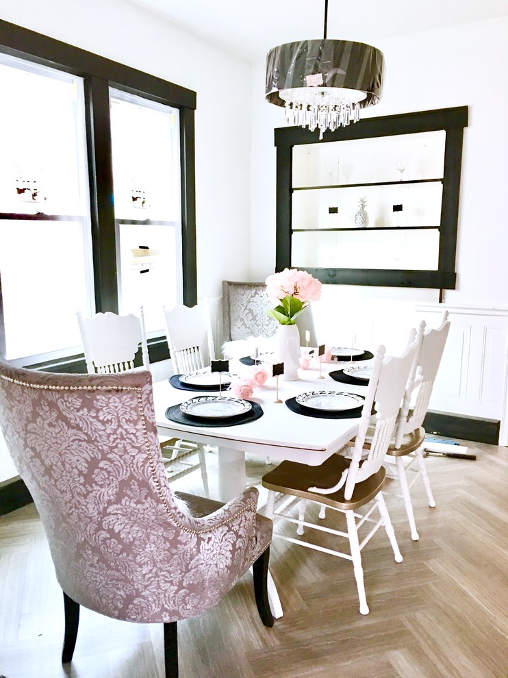 Enclosed dining room - mid-sized transitional vinyl floor and gray floor enclosed dining room idea with white walls