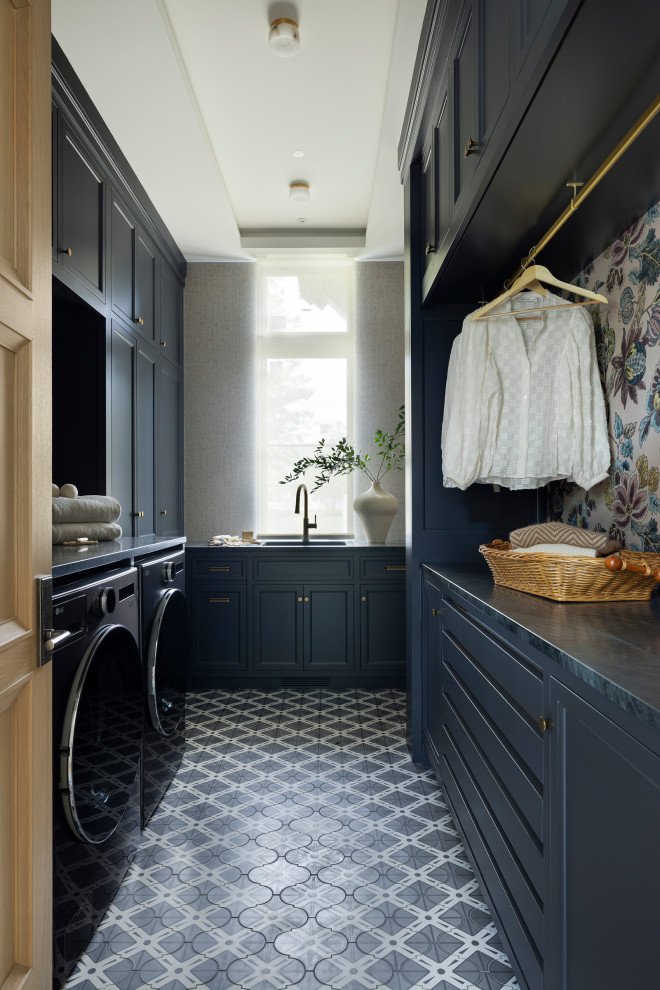Inspiration for a transitional laundry room remodel in Minneapolis with blue cabinets