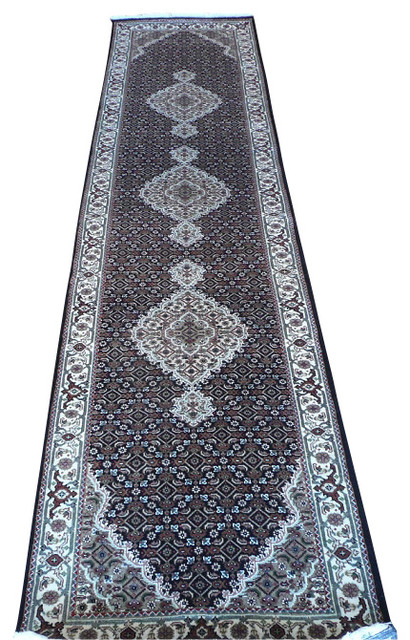 3x12 Hand Knotted Black Mahi Tabriz Oriental Runner Rug 3x12 Hand Knotted Black Mahi Tabriz Oriental Runner Rug Traditional Hall And Stair