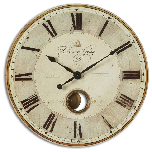 58cm Large Vintage Cream Distressed French Style Wall Clock with Moving Pendulum 