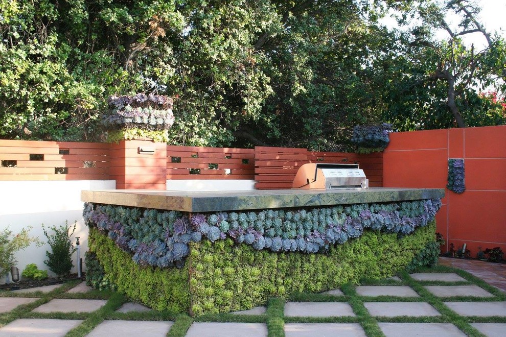 Inspiration for a mid-sized modern backyard full sun formal garden for summer in Los Angeles with a vertical garden and natural stone pavers.