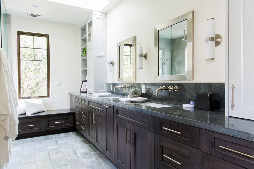Traditional master bathroom in San Luis Obispo with recessed-panel cabinets, dark wood cabinets, white walls, an undermount sink and grey floor.