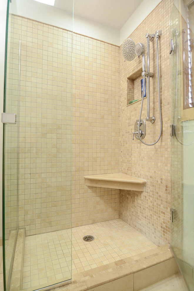 Photo of a large country master bathroom in Other with a corner tub, a corner shower, beige tile, stone tile, white walls, ceramic floors and a pedestal sink.