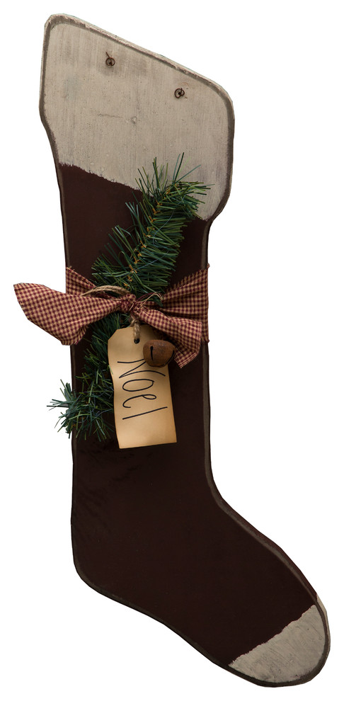 Primitive Winter Christmas Holiday Hanging Wooden Stocking - Rustic