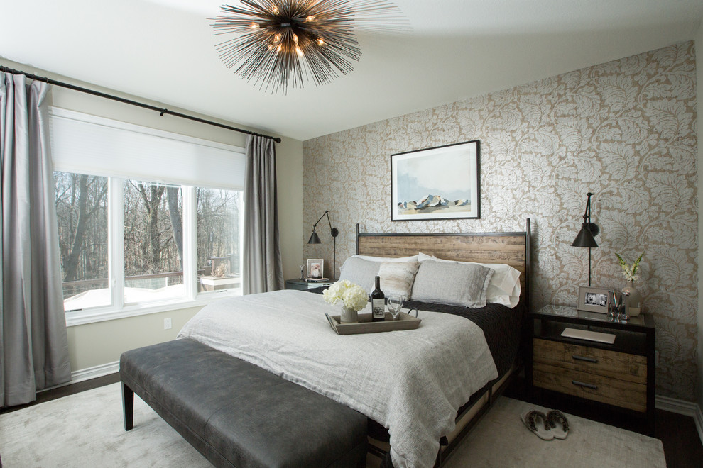 Photo of a mid-sized eclectic master bedroom in Other with grey walls, dark hardwood floors and brown floor.