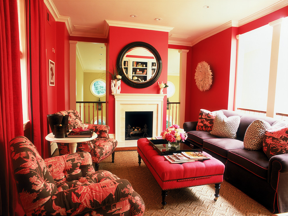 Traditional living room in DC Metro with red walls.