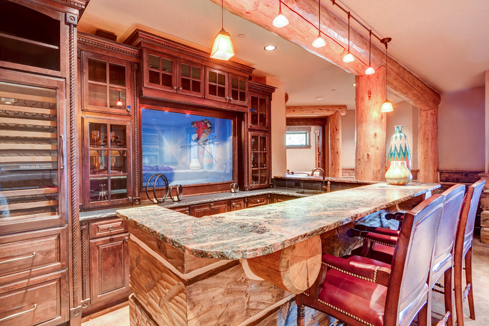 Basement - large rustic walk-out beige floor basement idea with beige walls