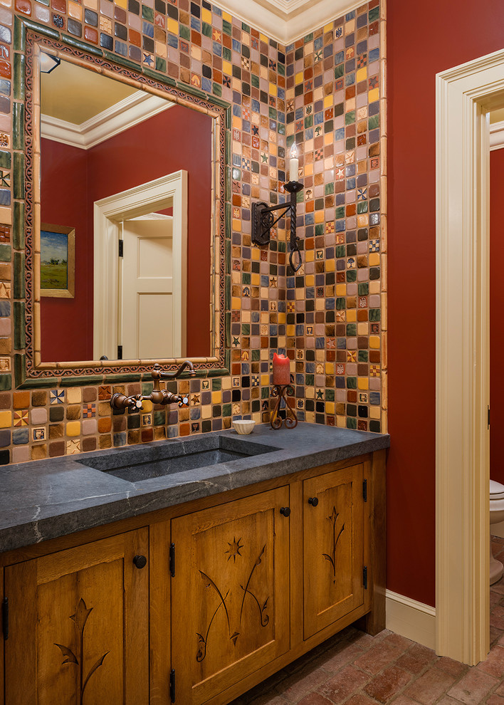 Design ideas for a traditional bathroom in Philadelphia with red walls and medium hardwood floors.