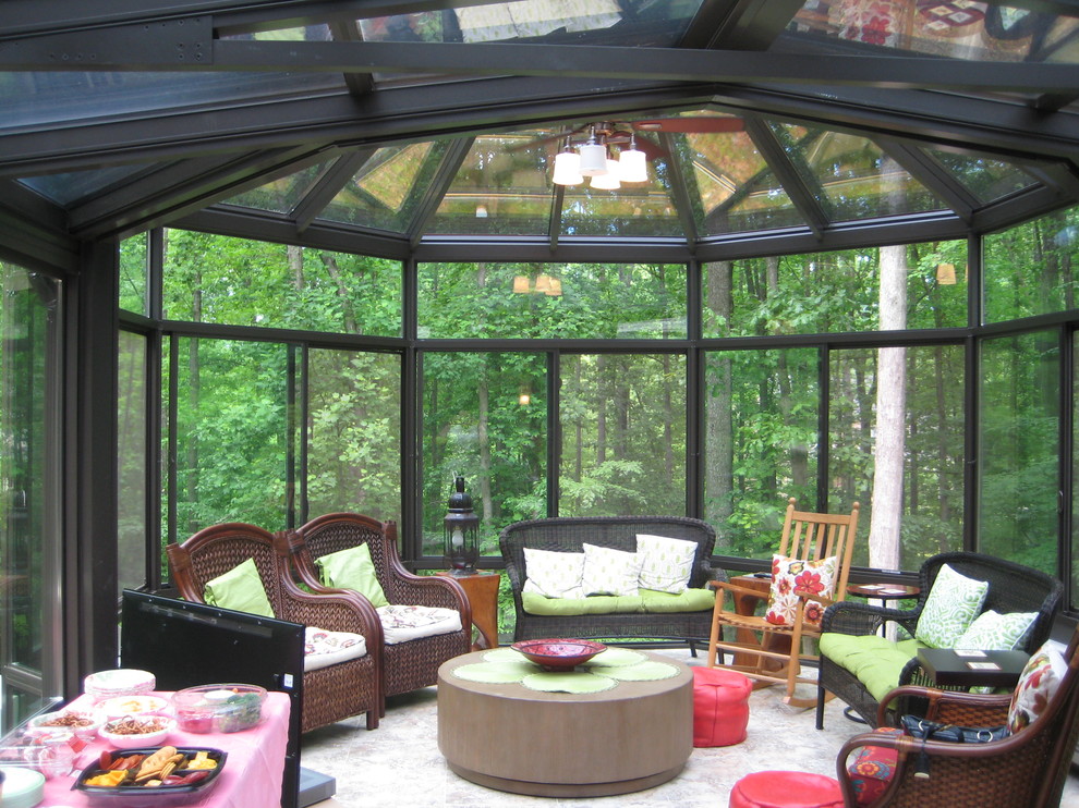 Large contemporary sunroom in DC Metro with porcelain floors, no fireplace and a glass ceiling.