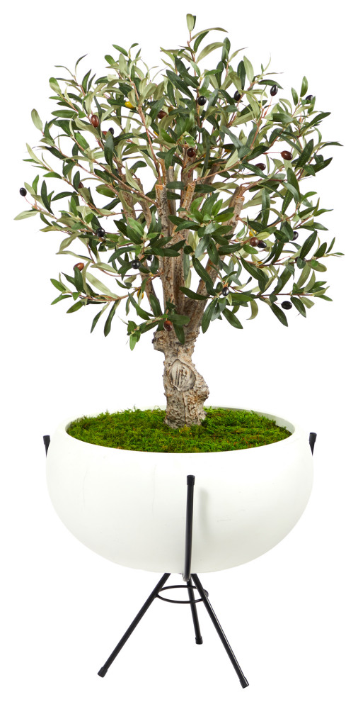 3' Olive Artificial Tree, White Planter With Metal Stand Modern