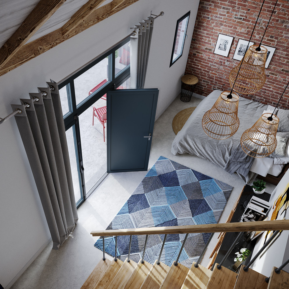 Kleines Landhaus Gästezimmer ohne Kamin mit weißer Wandfarbe, Betonboden, weißem Boden und Ziegelwänden in Le Havre