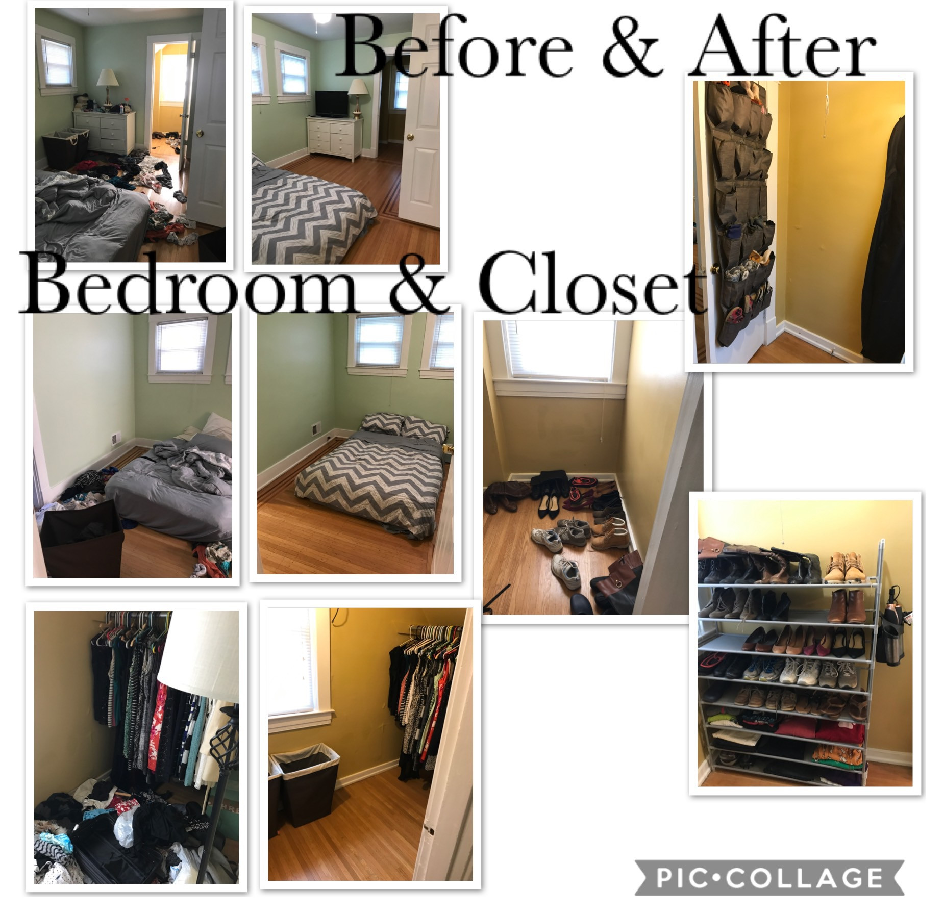 Bedroom and closet before and after
