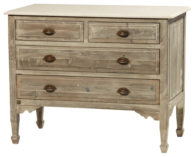 40" Dresser Reclaimed Wood White Marble Top White Finish Antique Brass