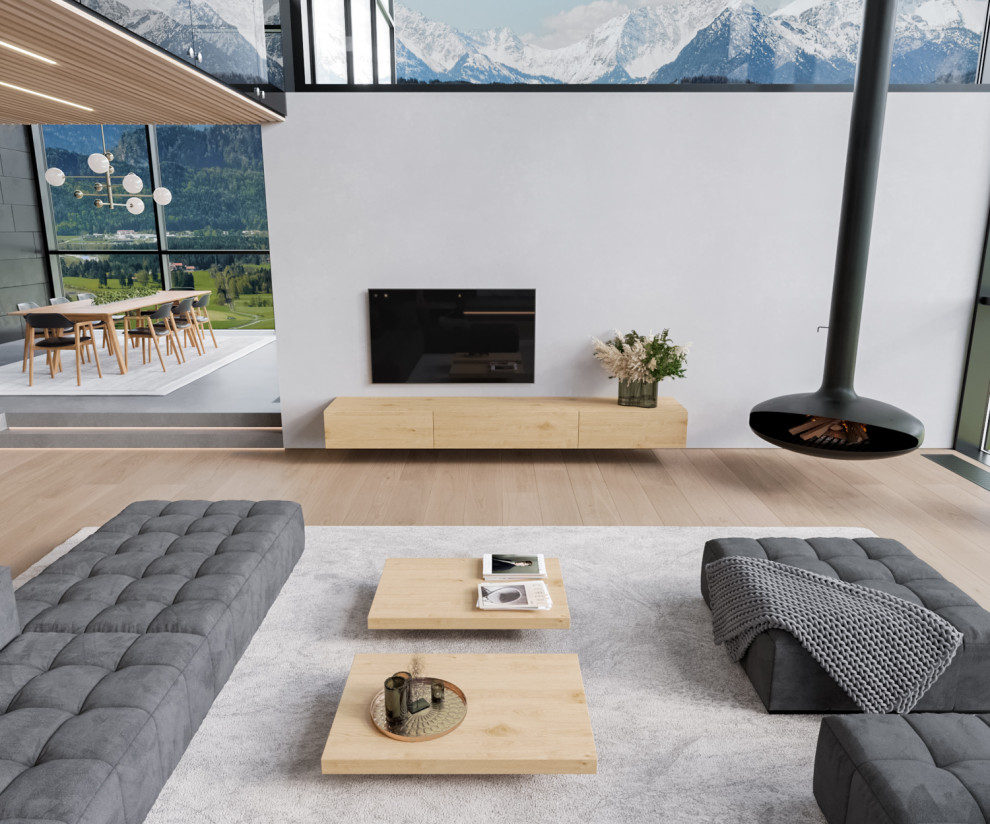 Inspiration for an expansive modern formal open concept living room in Other with white walls, light hardwood floors, a hanging fireplace, a metal fireplace surround, a wall-mounted tv, beige floor and panelled walls.