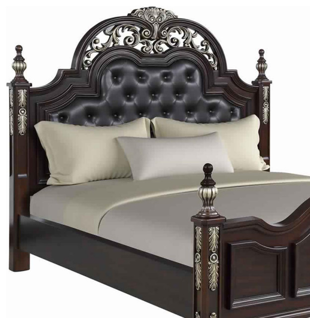 Leatherette Headboard With Intricate Carvings And Mirror Inlay, Brown