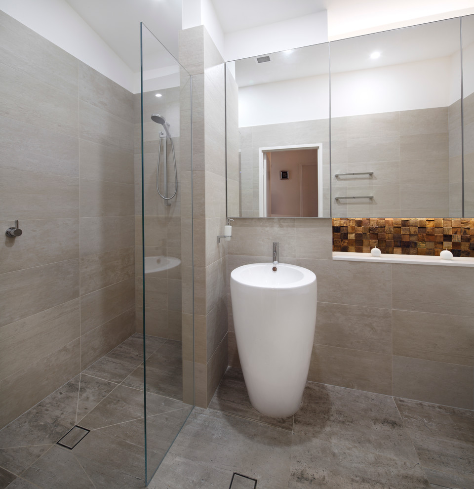 Photo of a large modern bathroom in Sydney with an alcove shower, a pedestal sink and an open shower.