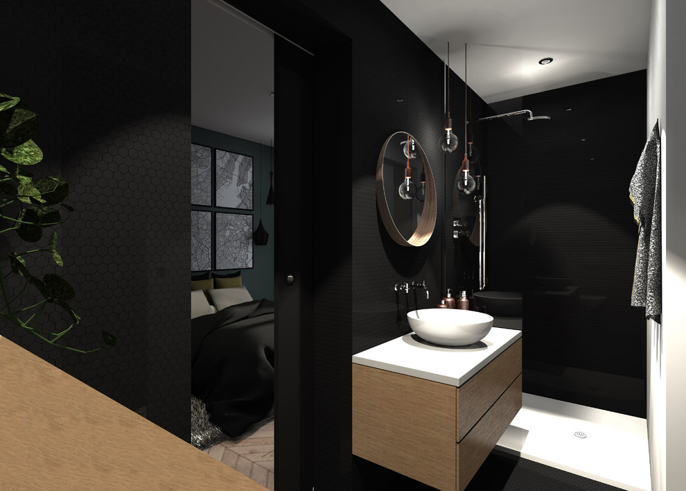 Inspiration for a small contemporary 3/4 bathroom in Marseille with an open shower, a wall-mount toilet, black tile, mosaic tile, white walls, mosaic tile floors, a console sink, terrazzo benchtops, black floor, an open shower and white benchtops.