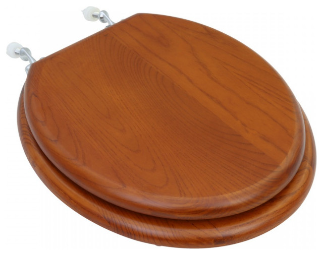 Solid Wood Toilet Seat Round Light Mahogany Finish Stained Chrome Hinge