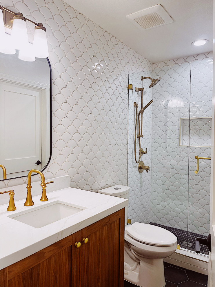 Inspiration for a small midcentury master bathroom in San Diego with shaker cabinets, medium wood cabinets, white tile, ceramic tile, white walls, ceramic floors, an undermount sink, engineered quartz benchtops, black floor, a hinged shower door, white benchtops, a single vanity and a built-in vanity.