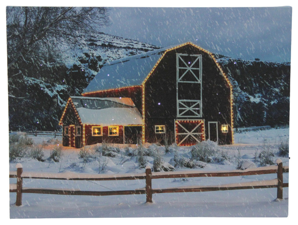 Led Fiber Optic Snowy Red Barn Christmas Canvas Wall Art 15 75 X12