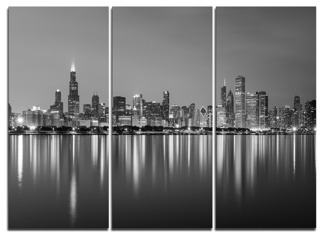 Chicago Skyline At Night Black And White Wall Art 3 Panels 36
