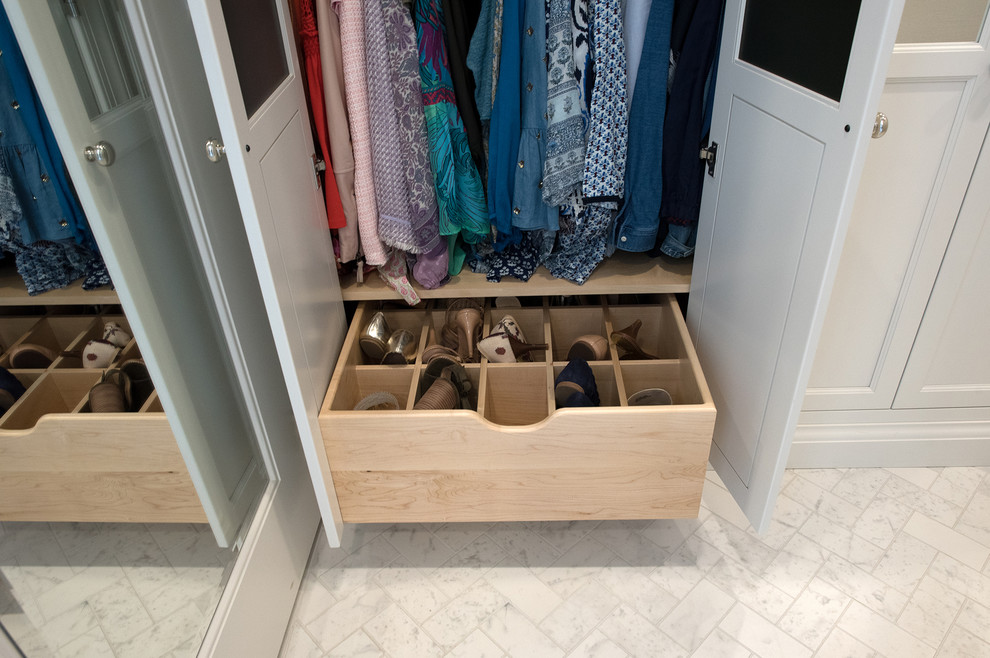 Inspiration for an expansive traditional storage and wardrobe in Philadelphia with recessed-panel cabinets, white cabinets, ceramic floors and white floor.