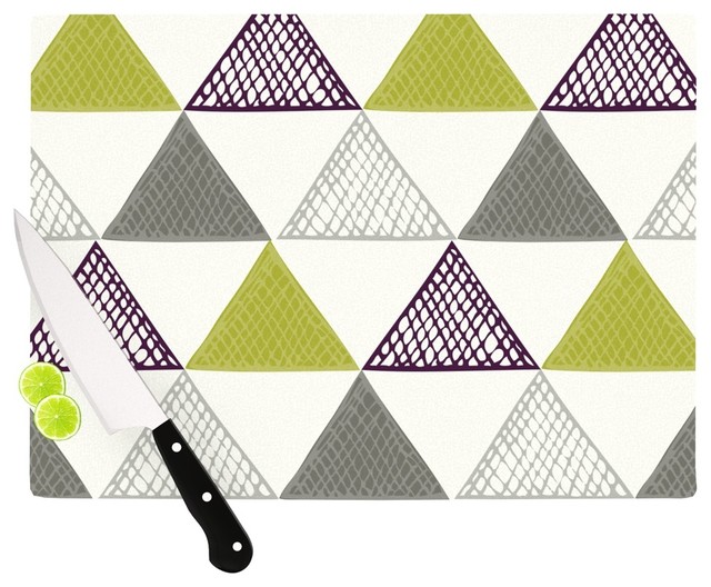 Laurie Baars "Textured Triangles Green" Gray White Cutting Board, 11.5"x15.75"