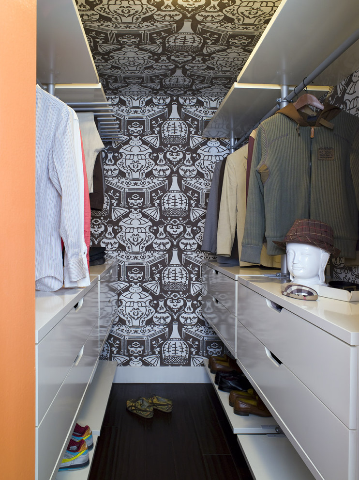 Design ideas for a contemporary men's walk-in wardrobe in Los Angeles with flat-panel cabinets and white cabinets.