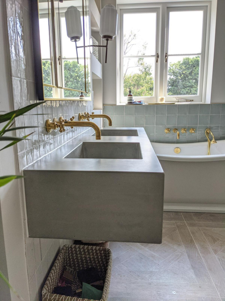Large contemporary kids bathroom in Other with an integrated sink, concrete benchtops, a double vanity and a floating vanity.