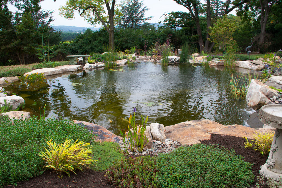 This is an example of a traditional garden in Philadelphia with a water feature.