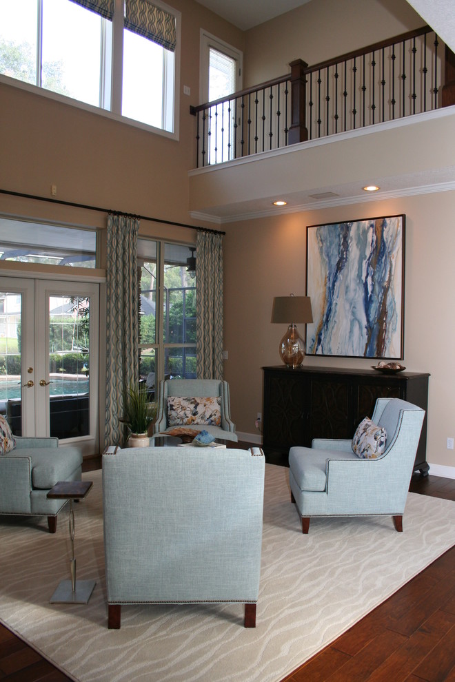 Design ideas for a large transitional formal open concept living room in Jacksonville with beige walls, medium hardwood floors, no fireplace and no tv.