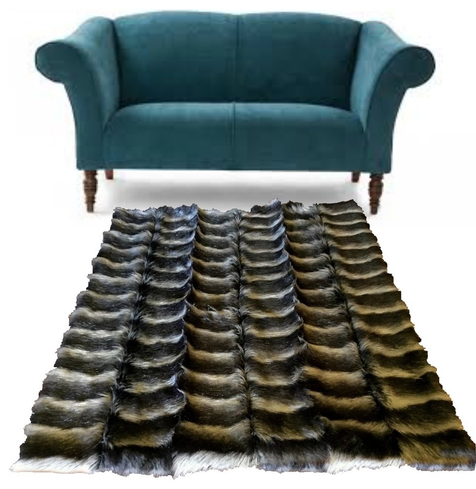 Premium Fur Accents Faux Fur Area Rug Pieced Fur Strip Rug Gray Black