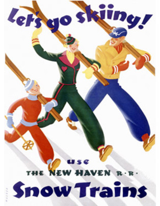 New Haven Railroad winter ski train travel poster repro 12x18
