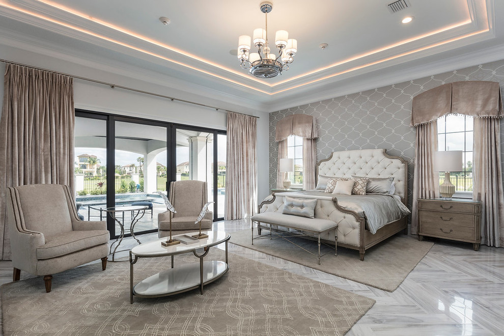 Expansive mediterranean bedroom in Orlando with grey floor.